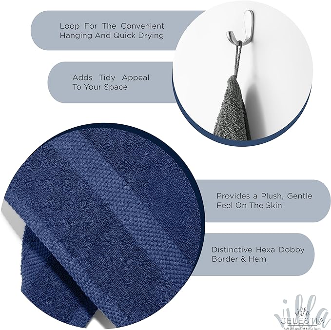 100% Cotton Hand Towel Set of 4, (16 x 28 inches) Sustainable, Soft, Highly Absorbent, Quick Drying, Combed Cotton Hand Towels Pack of 4 Ideal for Hotels, Spa, Bathroom, Dorm, Navy Blue