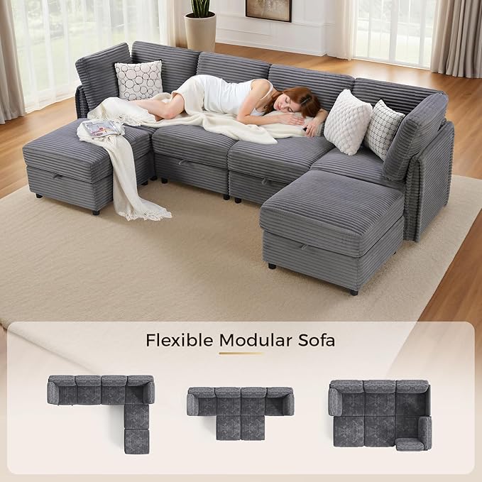 KKL Modular Sectional Sofa U-Shaped 6 Seater Couch with Storage Ottoman, Convertible L-Shaped Plush Wide-Wale Corduroy Couch for Living Room, Apartment, Modern Design, Gray