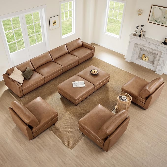CHITA 83" Super Large Luxury Loveseat Sectional Modular Sofa, FSC Certified Down Filled Modern Sofa, Deep Seat Comfty Cloud Couch, 2 Seat Couch, Solid Wood Leg, Faux Leather in Camel