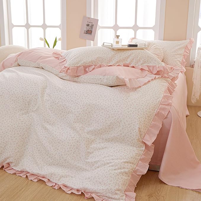 Pink Floral Ruffle Duvet Cover Twin 100% Cotton Pink Flower Duvet Cover Girls Romantic Comforter Cover Princess Lace Coquette Bedding Set Vintage Aesthetic Bedding Cute Flower Comforter Cover Twin
