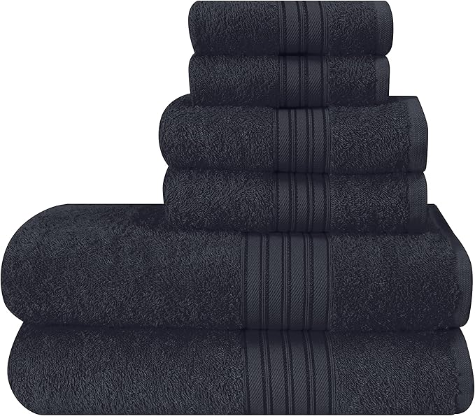 BOUTIQUO 6 Pack Cotton Towel Set, Contains 2 Bath Towels 28x55 inch, 2 Hand Towels 16x24 inch & 2 Wash Coths 12x12 inch, Ideal Everyday use, Ultra Soft Compact & Lightweight - Charcoal Grey