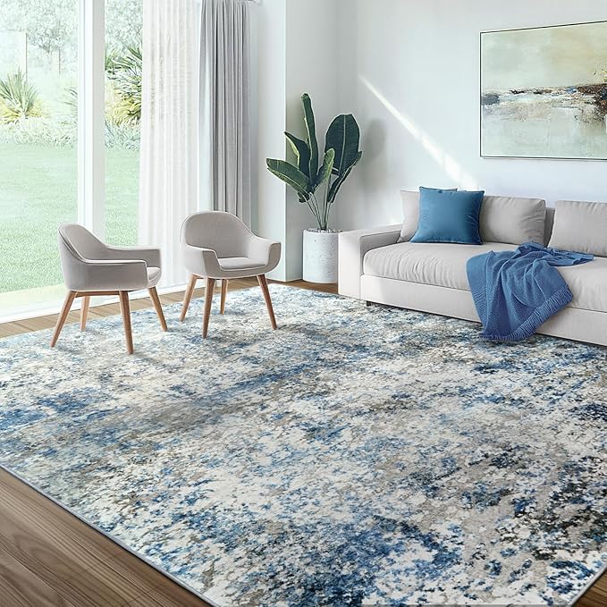 Washable Area Rug for Living Room: 9x12 Modern Abstract Neutral Soft Rug for Bedroom Dining Room No Slip Low Pile Carpet for Nursery Home Office - Grey/Blue