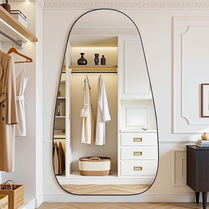 Antok Full Length Mirror, 81"x41" Floor Mirror with Stand,Standing Hanging Leaning Irregular Mirrors for Bedroom Living Room Entryway,Tear Drop Style,Black