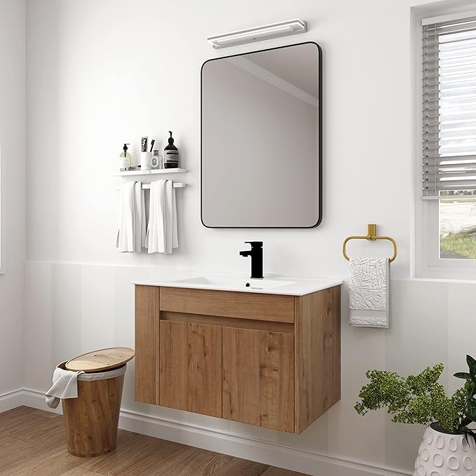 Goujxcy 30" Wall Mounted Bathroom Vanity with Sink, Modern Floating Bathroom Cabinet with White Ceramic Basin and Storage Cabinet/Shelf, Soft-Closing Door Wood Hanging Bath Room Cabinets