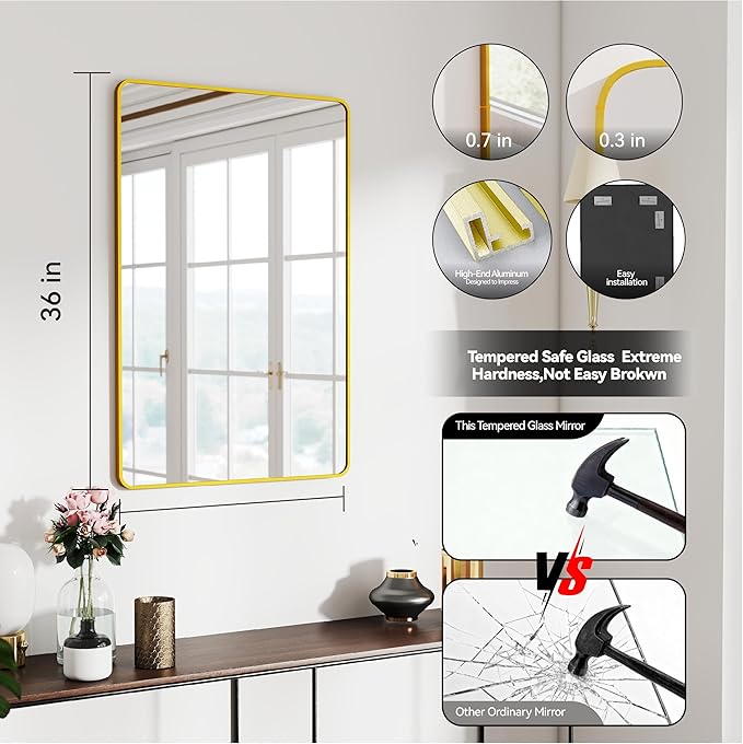 24x36 Mirror Rectangle Full Length Wall Mounted or Against Wall Aluminum Alloy Metal Frame Dressing Mirrors for Entryway Bedroom Bathroom Living Room 36x24 inch Gold