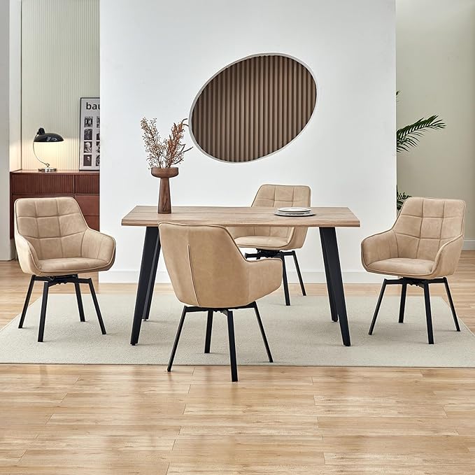 TUKAILAi Swivel Dining Chairs Set of 4, Faux Leather Upholstered Mid Century Accent Chairs with Arm Metal Legs, Rotatable Kitchen Chair for Kitchen Home Restaurant Furniture (Cream)
