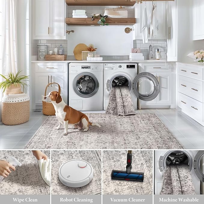 Neutral Modern Area Rugs 6x9 Machine Washable Living Room Rug Non Slip with Rubber Backing Soft Faux Fur Low Pile Stain Resistant Boho Floral Carpet Rugs for Bedroom Dining Room Kids Room Office,Grey