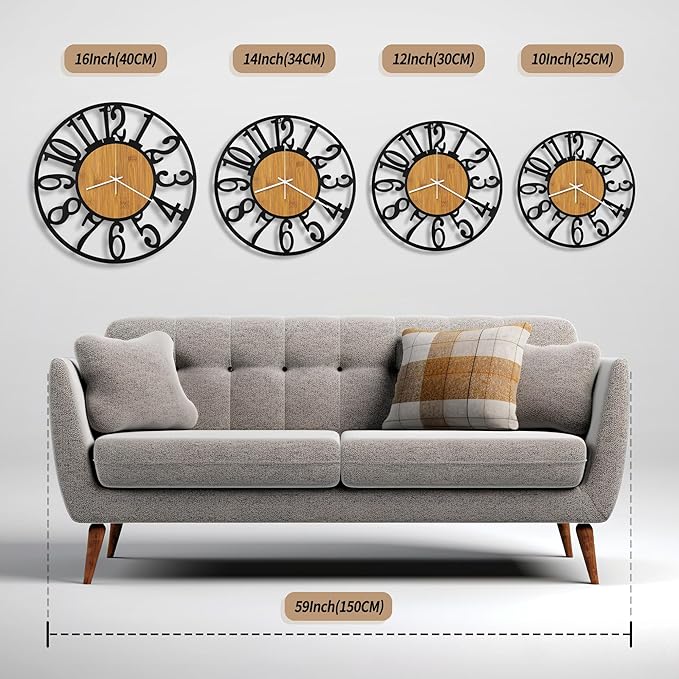 Maxstar Wall Clock Battery Operated,Silent Non-Ticking Modern Rustic Metal Round Clocks Small for Living Room/Bedroom/Office/Kitchen/Farmhouse Home Decor-14 Inch(Yellow-Wood)