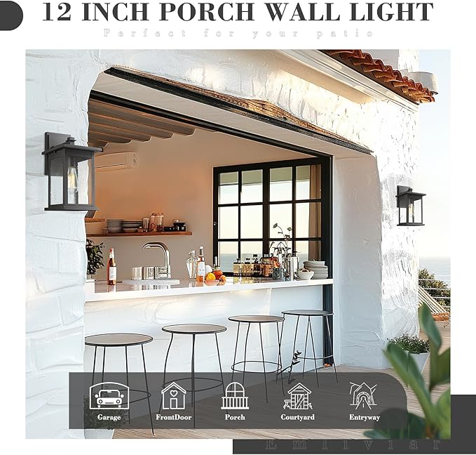 Emliviar Outdoor Wall Sconce, 1-Light Exterior Wall Lantern in Black Finish with Clear Seeded Glass, OS-1803EW1