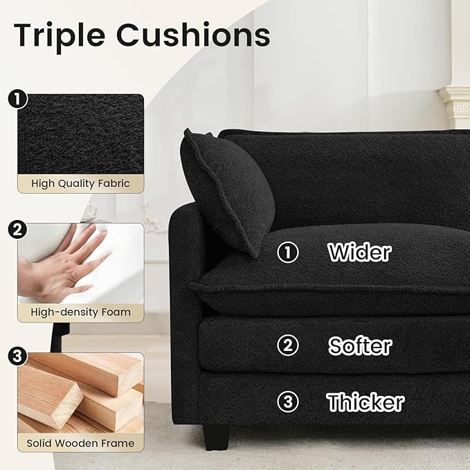 ROWHY Oversized Modular Sectional Couch with Movable Ottoman, 112" Modern Convertible L Shaped Sofa Set, 4 Seat Comfy Cloud Couch with 2 Throw Pillows, for Living Room and Office, Chenille, Black