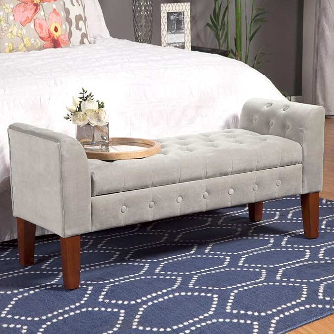 HomePop Velvet Tufted Storage Bench Settee with Hinged Lid, Grey