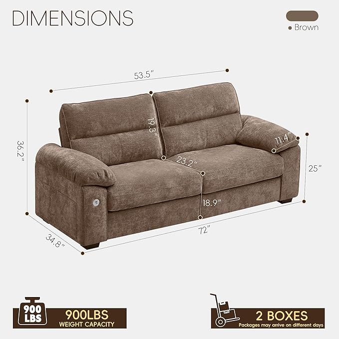Ihanherry 72" Modern Sofa for Living Room, Deep Seat Chenille Loveseat with Fast Charging Port & Removable Washable Cushions, Pillow-Armrest Couch for Small Space/Apartment, Sturdy Frame, Brown