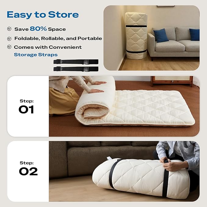 Aircliff Japanese Floor Futon Mattress, Roll Up Tatami Mat, Sleeping Pad, Shikibuton, CertiPUR-US Certified Foam Floor Bed Mattress for Sleeping, Dormitory, Guest Bed, Designed in Japan(White, Full)