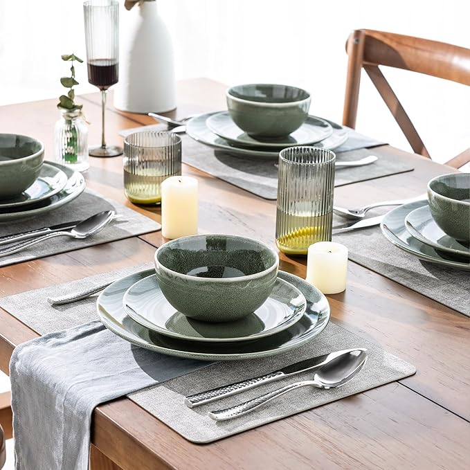 AmorArc Ceramic Dinnerware Sets for 4, 12 Pieces Handpainted Plates and Bowls Set, Scratch Resistant Stoneware Dishes Set, Dishwasher & Microwave Safe, Jade Green