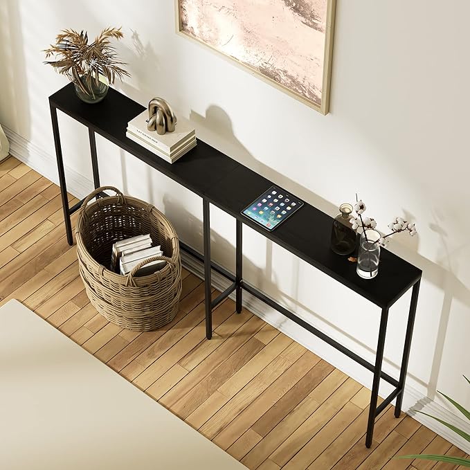 63" Console Table,Modern Narrow Long Sofa Table Behind Couch,Skinny Entry Table with Black Metal Frame for Living Room, Hallway,Classic Black