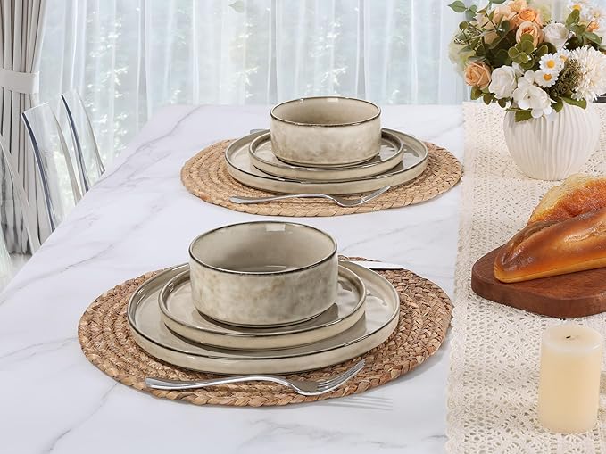 LIANYU Stoneware Dinnerware Set, 6 Piece Plates and Bowls Sets for 2, Ceramic Dish Set Includes Dinner Salad Plates, Cereal Bowls, Microwave & Dishwasher Safe, Sandy Beige