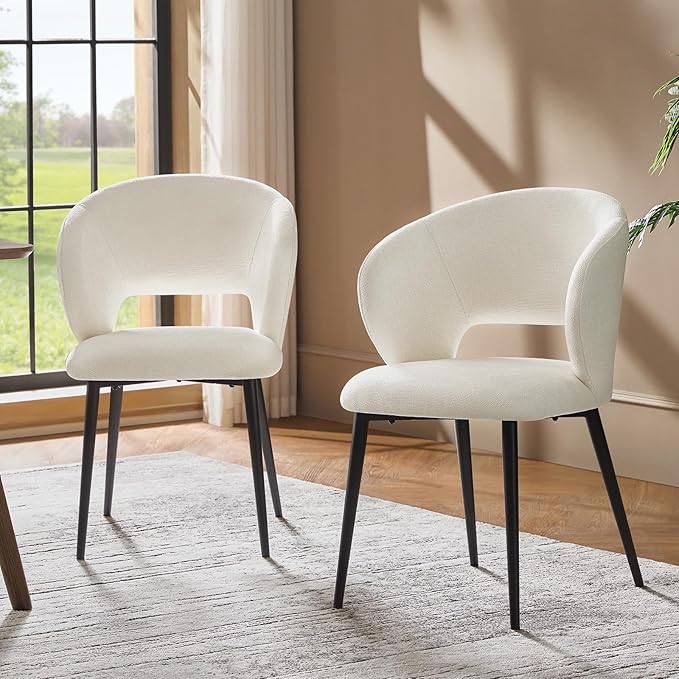 Contemporary Dining Chairs with Armrests – Ergonomic Soft-Padded Seat, Curved Backrest, Matte Black Metal Legs, Comfortable Kitchen & Dining Room Chairs, Set of 2