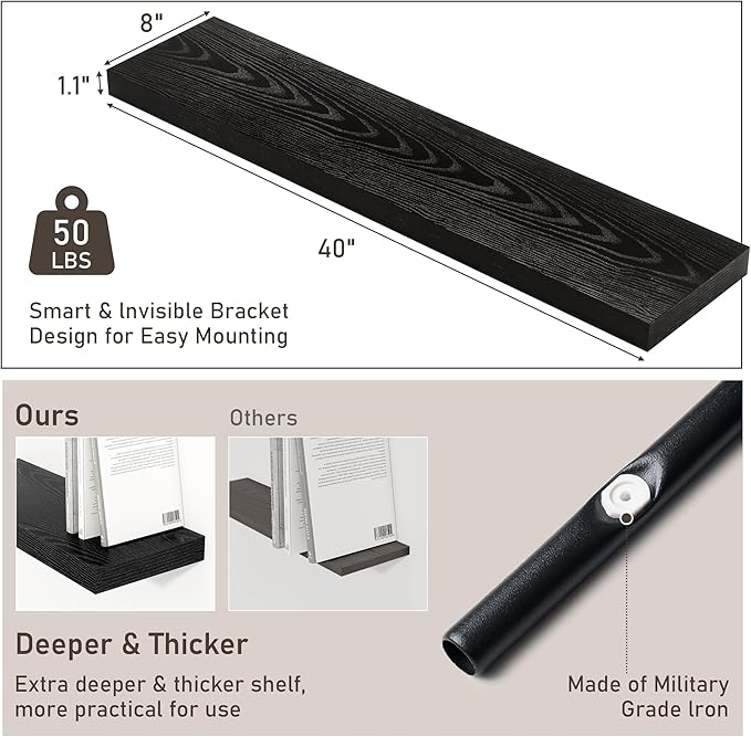 Fun Memories 40" Floating Shelves for Wall, 8 Inch Deep Floating Shelf for Books, Deep Bathroom Shelves Wall Mounted, Rustic Display Shelf for Kitchen, Bedroom, Living Room, Black Color, 2 Pack