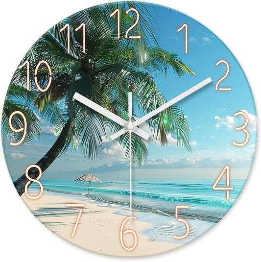 XFM Beach Wall Clock Silent Non-Ticking Battery Operated Clocks 16 Inch Blue Ocean Tropical Palm Tree Wall Clock Decorative for Living Room Kitchen Bedroom Office