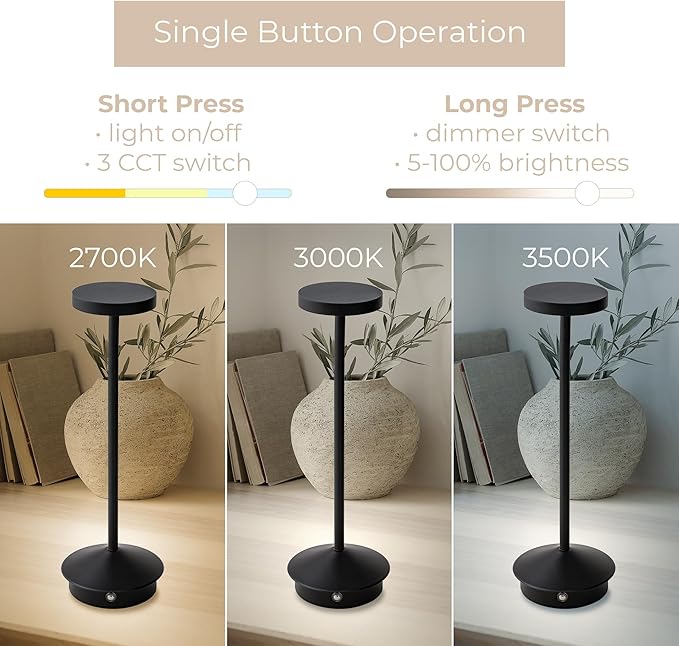Orbit LED Cordless USB-C Re-Chargeable Desk Lamp, 5200mAh Battery Operated with 3 Color Temperature 2700K-3000K-3500K and Fingertip Touch On/Off Plus Dimming in Black