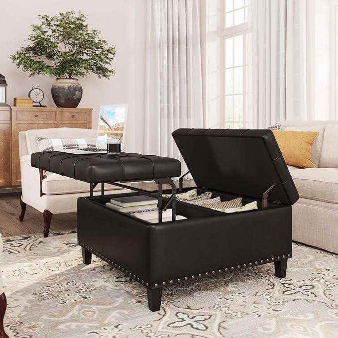 Square Leather Ottoman with Storage, Faux Leather Coffee Table with Lift Top,Large Upholstered Footrest Stool Toy Box Storage Bench for Bedroom Living Room, Black