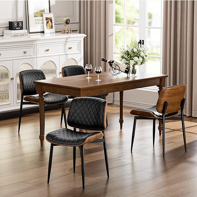 Dining Chairs Set of 4, FSC Certified Mid Century Modern Accent Dining Room and Kitchen Chairs, Upholstered PU Leather Diamond Check Chairs with Walnut Bentwood and Metal Legs, Black