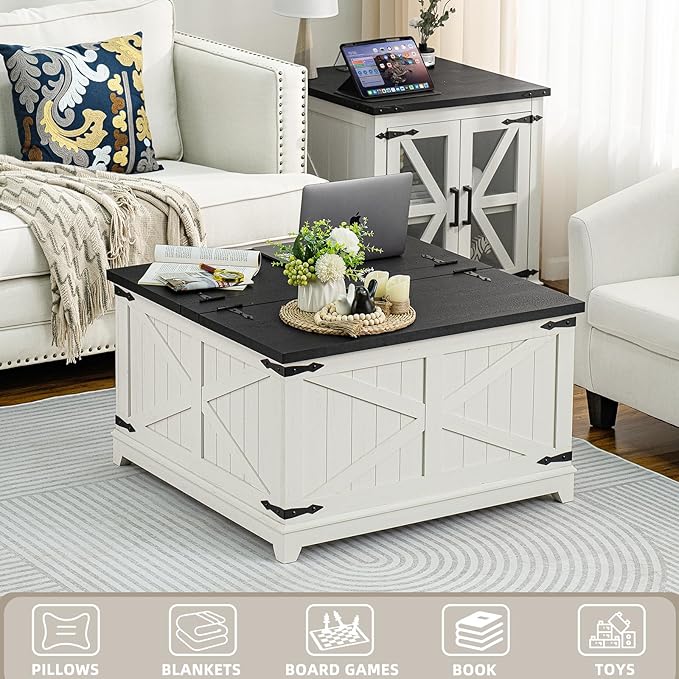 Farmhouse Coffee Table Sets 3 Pieces, Narrow Night Stand with Glass Barn Door Storage, Large Coffee Tables with Hidden Storage Organizer, Wood Furniture Sets for Living Room, Office, White