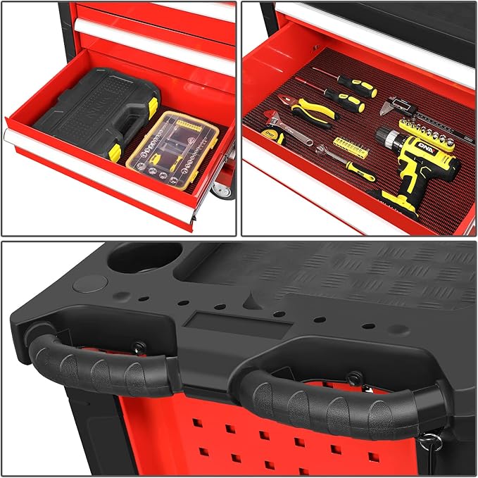 DNA MOTORING 5-Drawer Rolling Tools Chest, Rolling Tool Storage Cabinet, Mechanic Tool Cart, Trolley Organizer for Garage, Warehouse, Workshop, w/ Keys, Red, Upgrade Package, TOOLS-00001