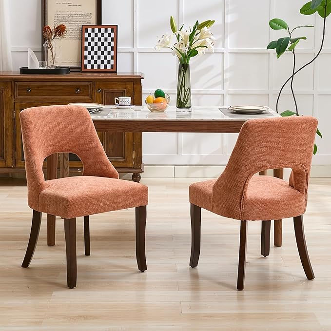 UVV Wooden Dining Chairs Set of 4, Mid Century Modern Upholstered Dining Room Chair Kitchen Chairs, Chenille Dinner Chair with Solid Wood Legs for Kitchen Dining Room, Orange-Chenille