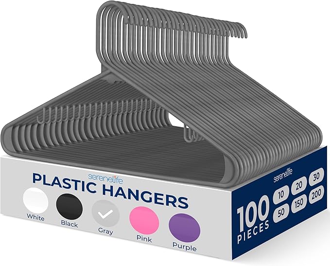 SereneLife 100 Pack Plastic Hangers, Non-Slip, Space-Saving Closet Organizers, Durable and Strong for Shirts, Sweaters, Hoodies, Kids Clothes & Dresses, Ultra-Thin, Lightweight