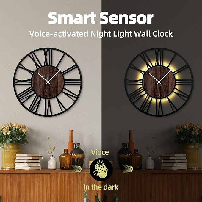 30 Inch Large Metal Wall Clock with Voice and Light Sensor Night Light, Glow in The Dark Non-Ticking Silent Battery Operated Decorative Oversized Wall Clock for Bedroom Living Room Decor