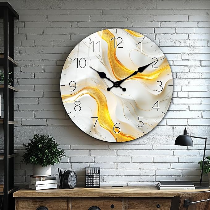 Decorative Wooden Clock for Home Office Decor 16 Inch Modern Marble Texture Round Clock Battery Operated Silent Wall-Clock for Living Room