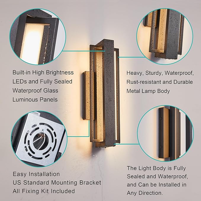 Double Square Frame Outdoor LED Wall Light, 15 Inch Textured Black Wall Sconce, Sleek Modern Light Fixture, Integrated LED 3000K 16W, Outside Lights for Patio, Porch, Front Door or Garage