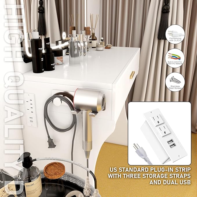 Vanity Desk, Makeup Vanity with LED Light Mirror, Small White Vanity with a Super Large Drawer and Power Outlet, 3 Color Lighting Modes Makeup Table for Bedroom, Dressing Room