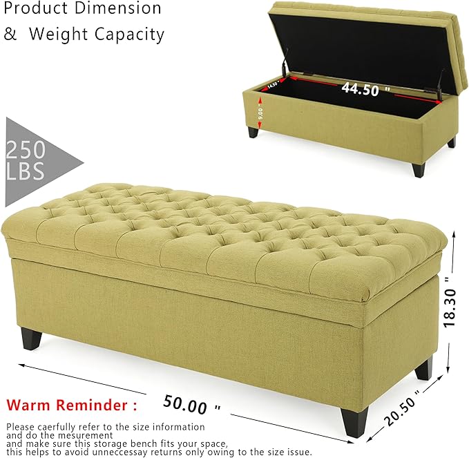 Setawix Linen Storage Benches for Bedroom,50" Bed End Bench with Storage,Tufted Green Storage Ottoman Bench for Living Room,Rectangle Entryway Benches with Storage and Seating (Olive Green, Linen)