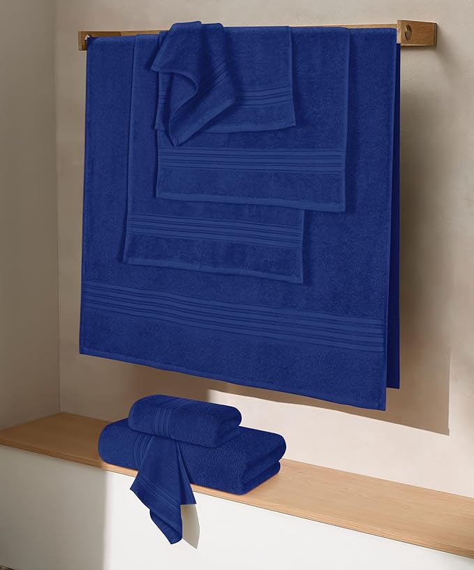 BOUTIQUO 100% Cotton Towel Set, Contains 4 Soft Bath Towel, 6 Hand Towels, 8 Wash Cloths - Compact Absorbent Lightweight & Quickdry Towels for Bathroom - 18 Piece Bathroom Towel Set - Navy Blue