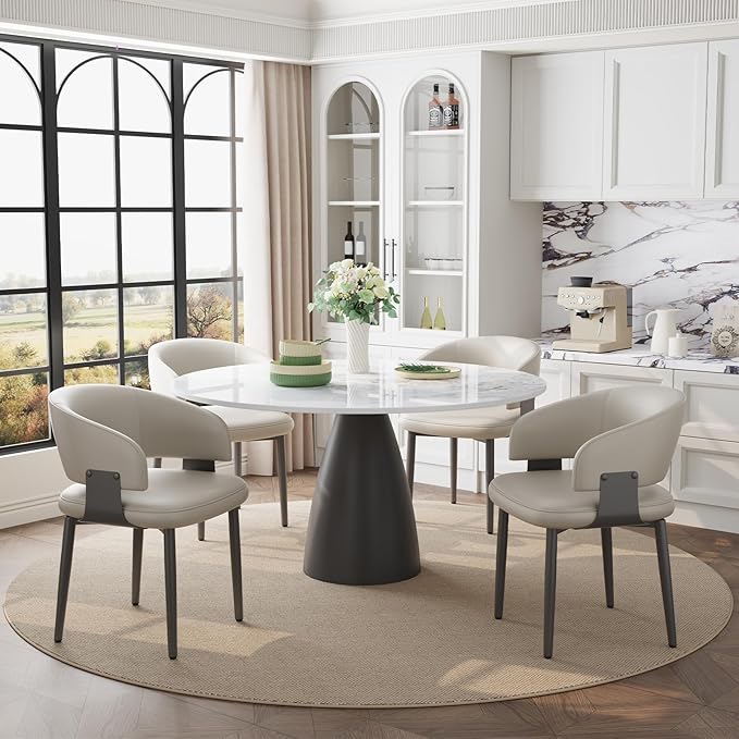 Modern Dining Chairs Set of 4, Faux Leather Upholstered Kitchen Chairs with Curved Back and Metal Legs, Mid Century Chairs for Dining Room, Kitchen, or Café (Light Gray)