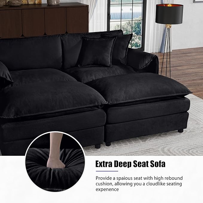 Loveseat Deep Seat Sectional Sofa Cloud Couch, Modern Chenille Comfy Upholstered Modular U Shaped Couch for Living Room, Apartment, Office (Black, 75.59 Inch-U Shape)