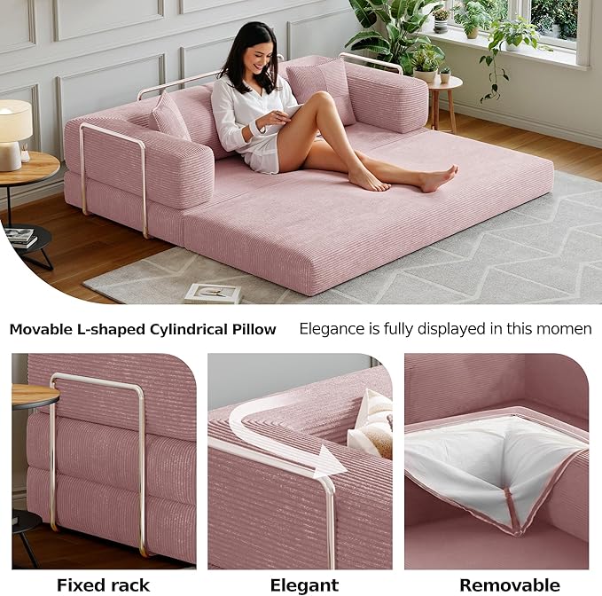 98.4''Convertible Sleeper Sofa Bed,Compressed Floor Boneless Couch,Modular Modern Corduroy Sofa for Living Room Bedroom -with Fixed-Shape Frame and Support Armrest,Easy Assembly(Pink)