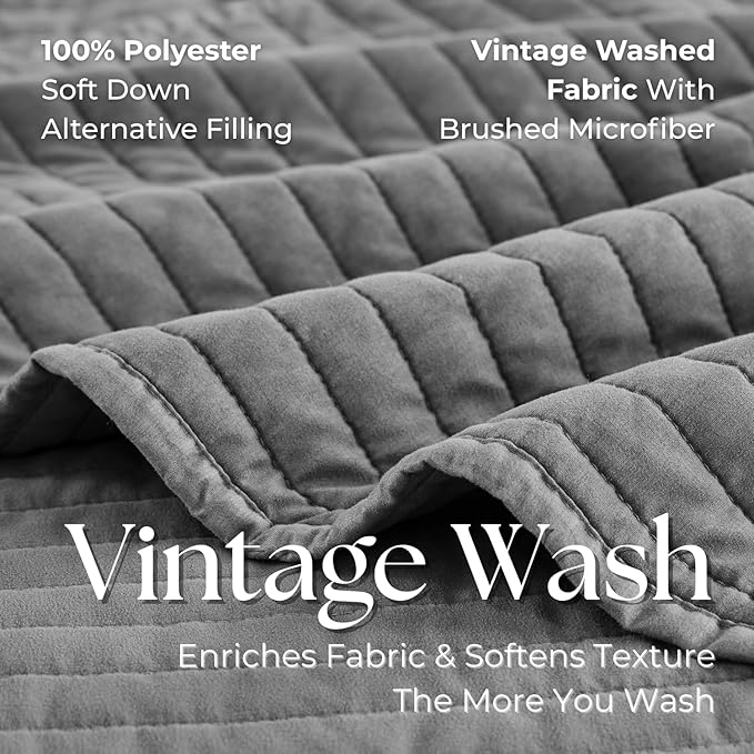 DOWN HOME Queen Quilt Bedding Set with Shams, Vintage Washed Soft Quilted Blanket Thin Comforter Lightweight Bedspread Coverlet Bed Cover, Brushed Microfiber Stripe Stitching, Ash Gray, 86"x90"
