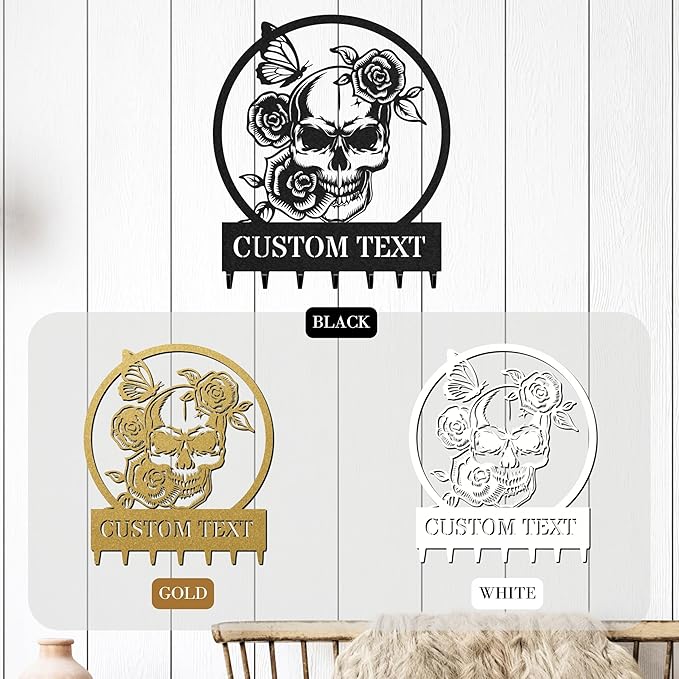 Personalized Key Holder for Wall, Custom Metal Rose Skull Key Hooks with Name, Metal Jacket Holder Hooks Organizer Rack, Coat Hanger Decor for Kitchen, Entryway, Hallway, Office