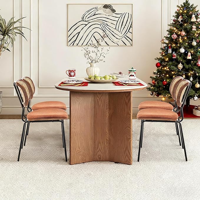 Rattan Dining Chairs Set of 2, Christmas Decoration Mid Century Modern Dining Chairs with Cane Back for Kitchen Dining Room, 19 Inch Fabric Orange