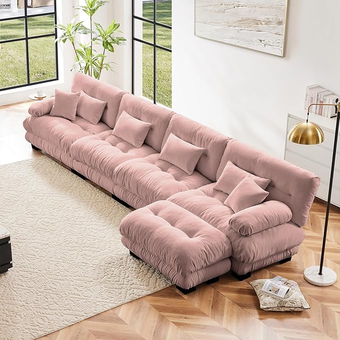 173.2" Oversized Couch, 4 Seater Modular Sectional Sofa, Pink Large L Shaped Fluffy Couch Set, Chenille Cloud Sofas with Ottoman for Living Room