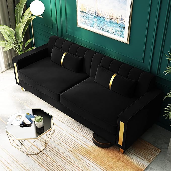 Couch 85.62" 3 Seats Sectional Velvet Fabric Sofa Easy Assemble Sofa Bed with 2 Couch Pillows,Gold Metal Legs for Living Room (P17, Black（3+1）)