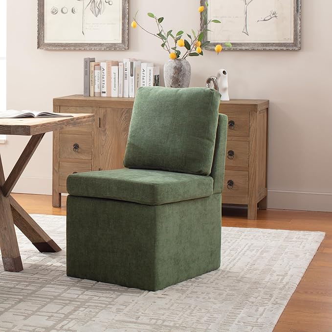 VKNOW Upholstered Dining Chairs, Modern Kitchen Chairs with Storage, Linen Armchair Dining Room Chairs for Kitchen Room (Green, Set of 2)