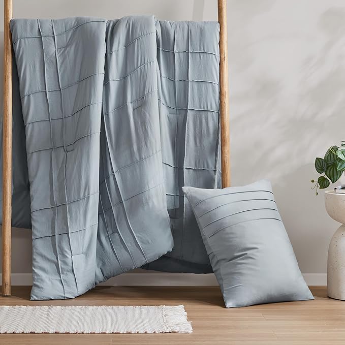 Comfort Spaces Blue/Grey Twin Size Comforter Set - 2 Piece Pintuck Pleated Bedding Set, All Season Lightweight, Extra Softness Pre-Washed Microfiber Bed Set, Shams