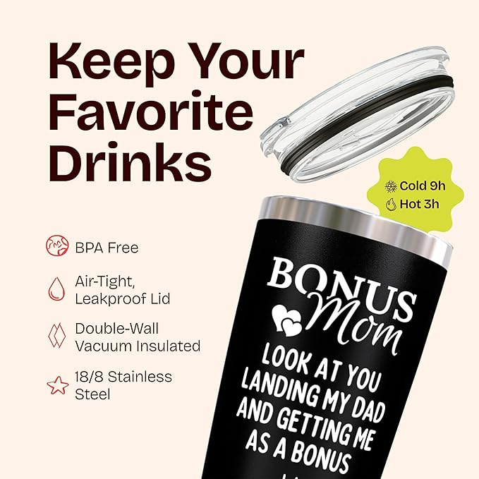 KLUBI Bonus Mom Gifts for Stepmom from Son Daughter - Look At You Landing My Dad and Getting Me As a Bonus - God Mother, Mother in Law Birthday Gift Mug 20 Ounce Insulated Black Tumbler for Her
