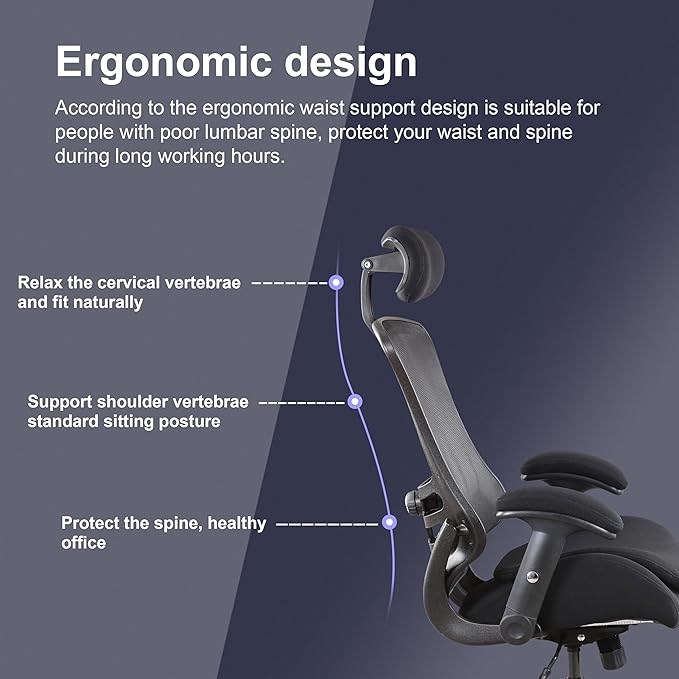 BOLISS Ergonomic Office Desk Chair with Headrest, Flip-up & Height Adjustable Arms, Wide Two-Layer Molded Foam Cushion, Adjustable Lumbar Cushion (Black)