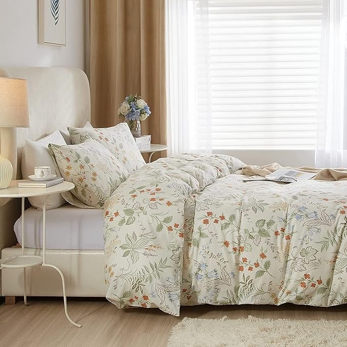 Chic Floral Duvet Cover Full Size Cotton Botanical Floral Bedding Sets Full Vintage Style Aesthetic Floral Comforter Cover Garden Flower Branches Pattern Full Bedding Sets with Zipper Closure 4 Ties
