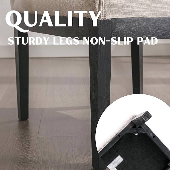Beige Dining Chairs Set of 2 Mid-Century Modern Dining Chairs Linen Upholstered Kitchen Dining Room Chairs Curved Backrest Dining Chair with Black Wood Legs